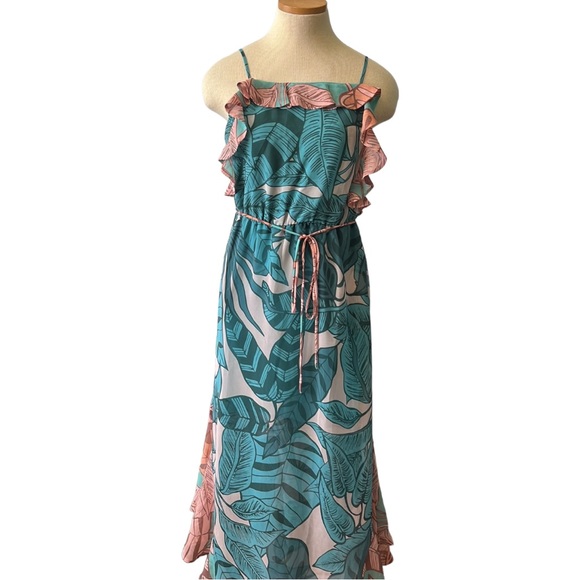 Anthropologie FARM Rio Ruffled Botanical Maxi Dress, Teal/Peach, XS - Picture 4 of 16